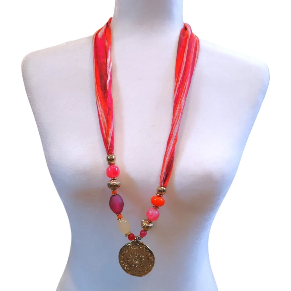 Chicos Pink Orange Beaded Scarf Pendant Statement Necklace Fashion Jewelry